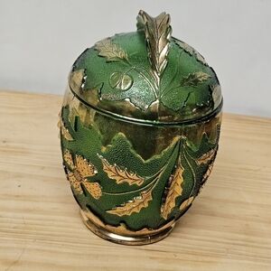Vintage Antique 1800s EAPG US Glass Delaware Green & Gold Dish with Lid